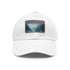 White cotton baseball cap with mystical horizon landscape design.
