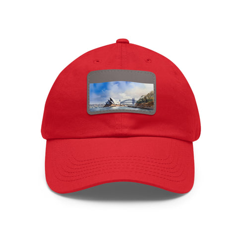 White cotton baseball hat featuring Sydney skyline patch; rectangle design.
