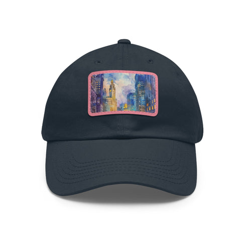Chicago skyline watercolor baseball cap with white/light brown patch.