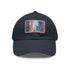 Chicago skyline watercolor baseball cap with white/light brown patch.