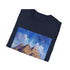 Watercolor Egyptian pyramids on charcoal cotton t-shirt with crew neck