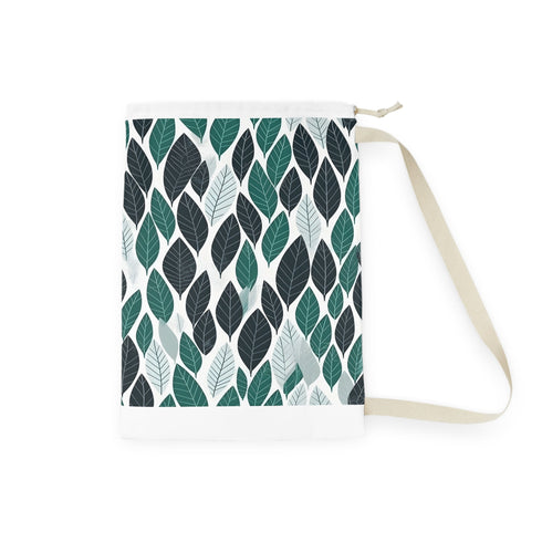 Modern green leaf all over print laundry bag, ferret-textured material.