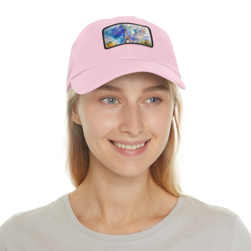 Eiffel Tower Dreams Watercolor Baseball Cap in White with Light Brown Patch