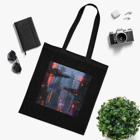 Neon City Lights Tote Bag: Black cyberpunk cityscape tote bag.