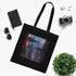 Neon City Lights Tote Bag: Black cyberpunk cityscape tote bag.