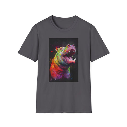 Charcoal crew neck t-shirt featuring a vibrant smiling hippo graphic