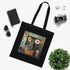 Black cotton tote bag with vintage camera and film reels design.