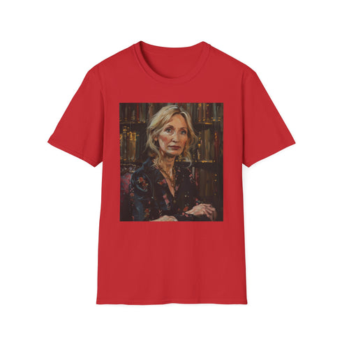 Charcoal T-shirt with vibrant painting of J.K. Rowling's literary magic