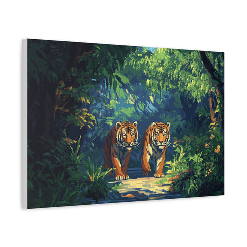 Digital Jungle with Pixelated Tigers (Edition II) — Canvas Wall Art — Side Profile & Stretched Corner Detail