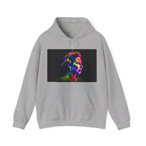 Young Queen Elizabeth Majesty Hoodie in Navy, Size S. Richly colored watercolor portrait.