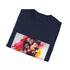 Charcoal crew neck T-shirt features vibrant colorful Hugh Jackman watercolor design