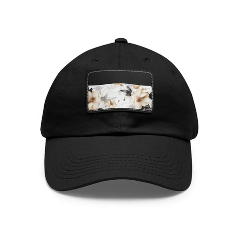 White cotton baseball hat with botanical xray blossom design.