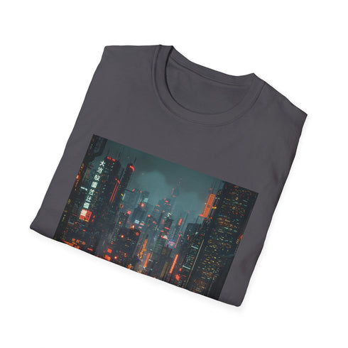 Charcoal crew-neck cotton t-shirt featuring vibrant cyberpunk neon cityscape design