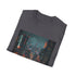 Charcoal crew-neck cotton t-shirt featuring vibrant cyberpunk neon cityscape design