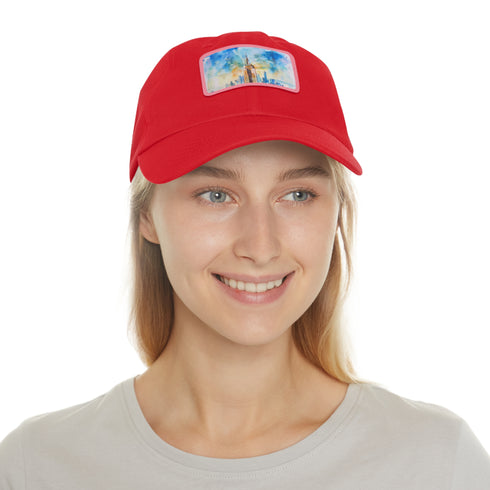Empire State watercolor skyline hat with light brown rectangle patch.