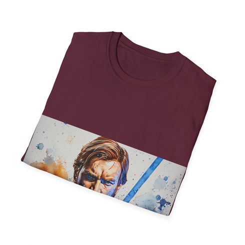 Blue lightsaber tee featuring Obi Wan Kenobi, perfect for Star Wars fans.