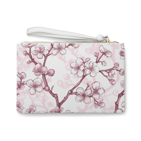Cherry Blossom Clutch Bag, pink and white floral pattern, vegan material.