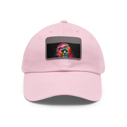 Neon Trump watercolor splatter cap in white with light brown patch.