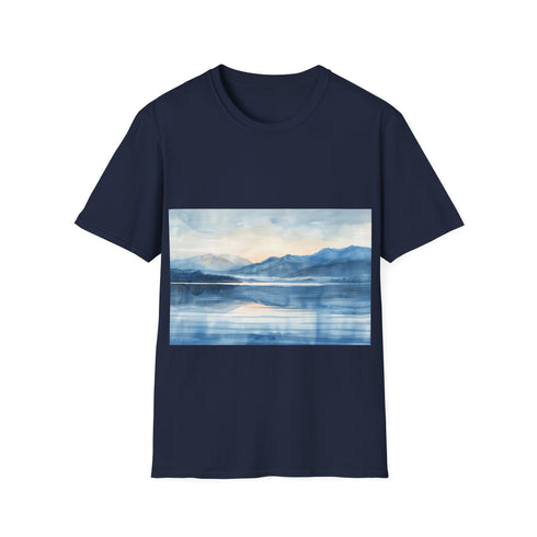 Alaska Bliss watercolor tee in charcoal, crew neck, regular fit.