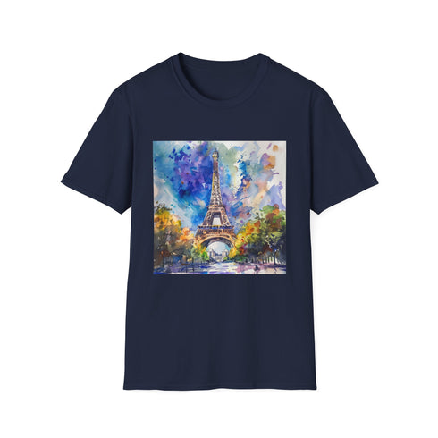 Eiffel Tower Watercolor T-Shirt in Charcoal, Small - Parisian Summer Fashion.