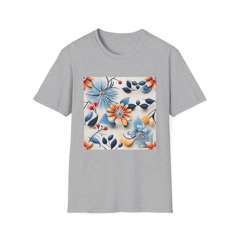 Vibrant charcoal t-shirt with colorful floral pattern in soft cotton fabric