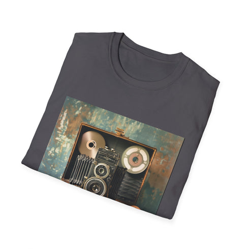 Charcoal cotton crew neck t-shirt with vintage camera and film reel design