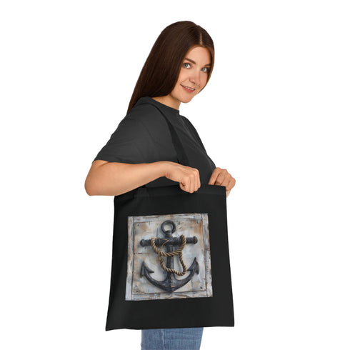 Nautical anchor cotton tote bag in black, perfect for seaside adventures.