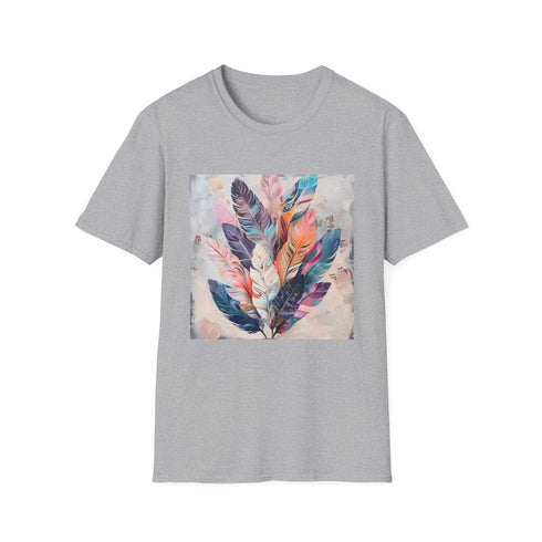 Charcoal t-shirt with vibrant bohemian feather design and soft breathable cotton