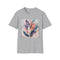 Charcoal t-shirt with vibrant bohemian feather design and soft breathable cotton