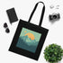 Black cotton tote bag featuring serene mountain landscape design.
