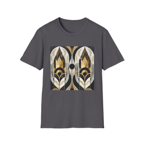 Charcoal geometric art deco pattern t-shirt with crew neck and regular fit