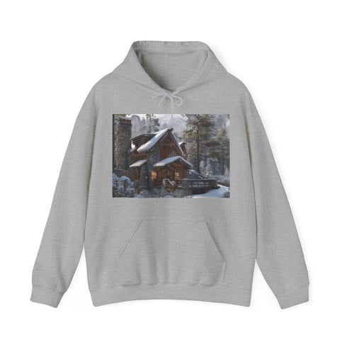 Rustic mountain cabin hoodie in navy, regular fit for men and women.
