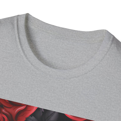 Charcoal crew neck tee with crimson rose design textured cotton fabric