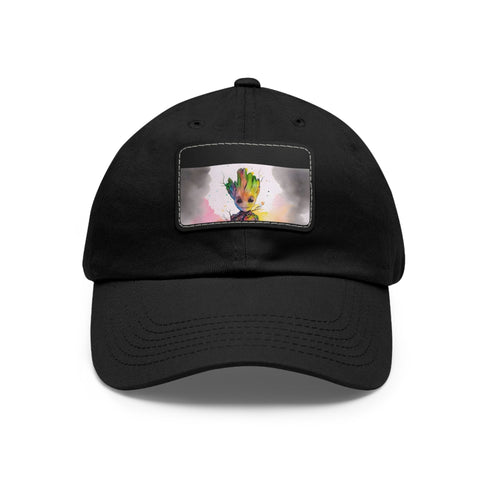 Neon watercolor Baby Groot baseball cap in white with rectangle patch.
