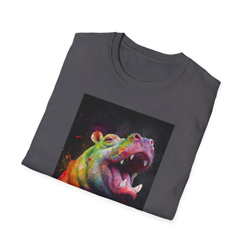 Charcoal cotton tee with smiling hippo print and crew neck design