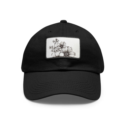 Hand-drawn floral white baseball cap with light brown patch.
