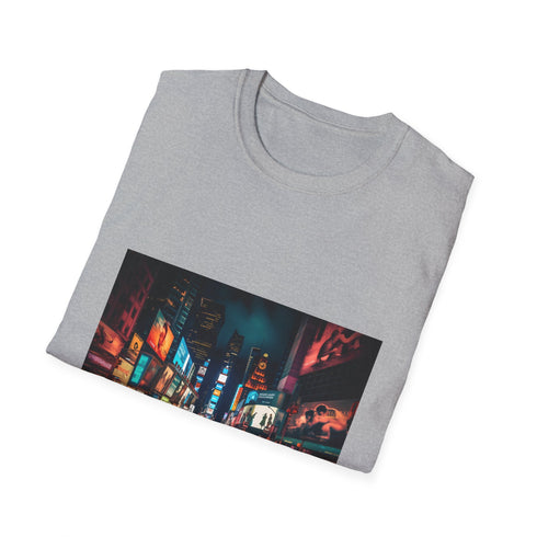 Charcoal crew neck T-shirt with vibrant city night scene graphic