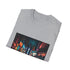 Charcoal crew neck T-shirt with vibrant city night scene graphic