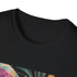 Charcoal cotton t-shirt featuring vibrant abstract art deco patterns