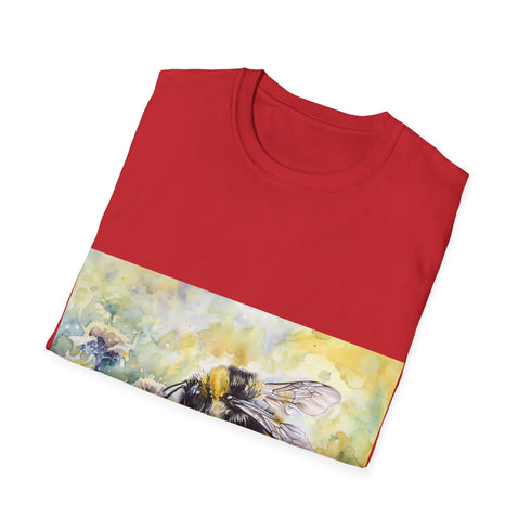 Vibrant bumblebee watercolor tee in charcoal cotton for summer fashion.