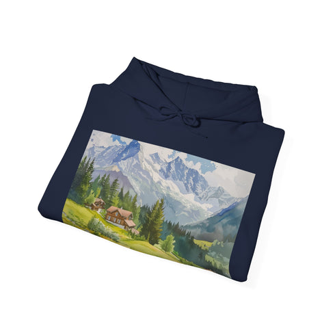 Swiss Alps Hoodie in Navy, Regular fit, Mountain Watercolor Design.