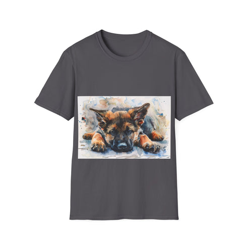 Vibrant charcoal tee with watercolor German Shepherd puppy painting by Benjamin Cook1996.