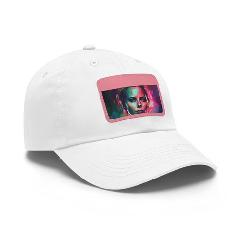 Bold neon watercolor charm baseball cap with Charlize Theron light brown patch.