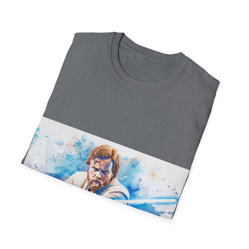 Blue lightsaber Master Tee featuring Obi Wan Kenobi on charcoal t-shirt.