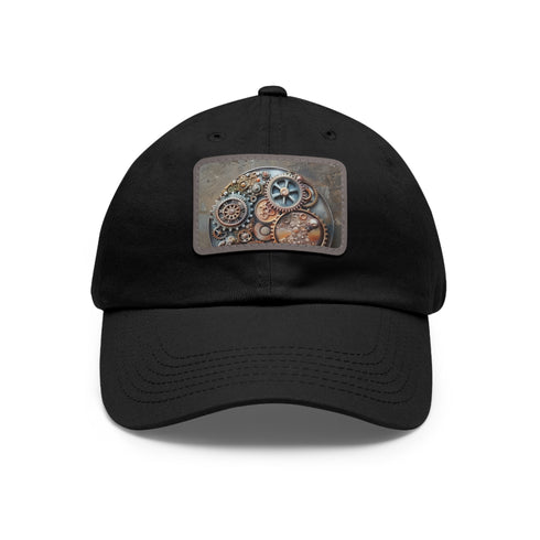 Steampunk baseball cap with gear and cog design, white/light brown patch.