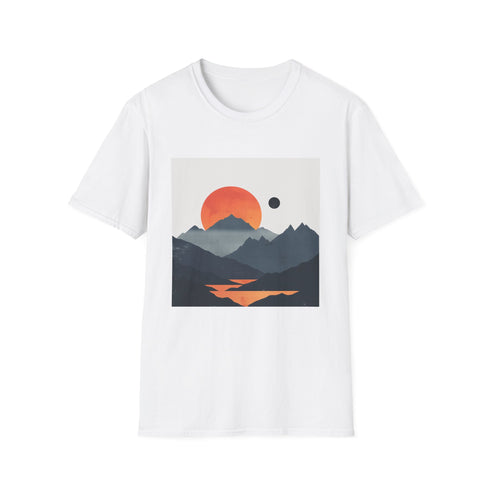 Charcoal crew neck t-shirt with minimalist mountain sunrise graphic