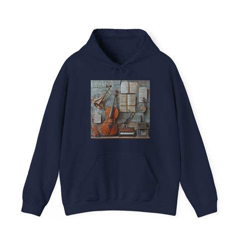 Nature-inspired navy hoodie with musical note design for men and women.