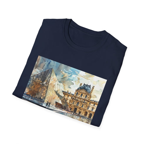 Charcoal cotton t-shirt with vibrant Louvre watercolor graphic and crew neck design