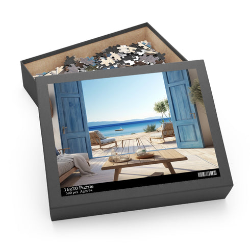 Blue wooden window puzzle with charming opened doors, 120 pieces.