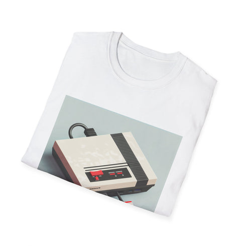 Retro gaming console and pixel art charcoal T-shirt for men and women.